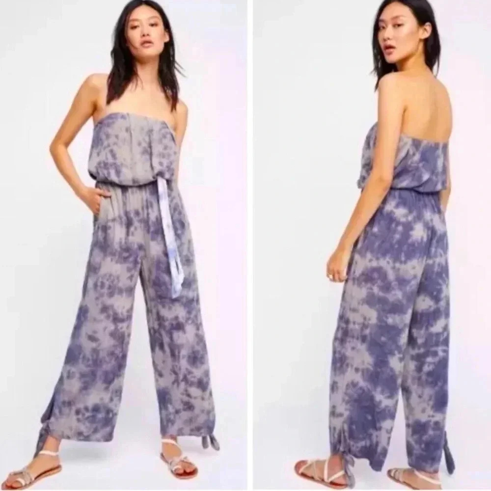 Free People Just Float Tie Dyed Acid Wash Blue Strapless Jumpsuit Womens Small